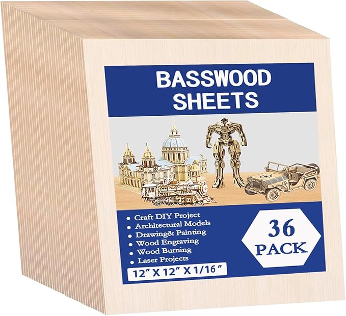 36 Pack Basswood Sheets for Crafts 12x12x1/16 Inch, 1.5mm Thick Unfinished by KMRIPYUSPORTS