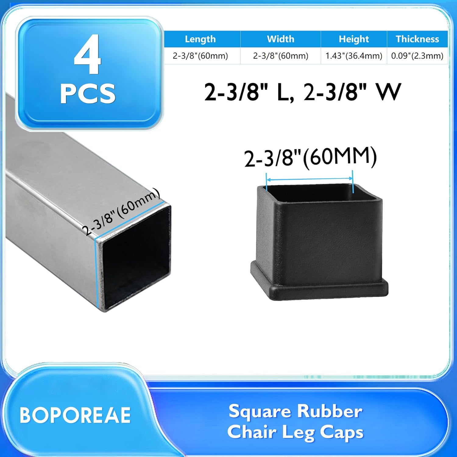 4 Pcs 2-3/8" x 2-3/8" Square Rubber Chair Leg Caps, PVC Table Leg Covers, Flexible & Anti-Slip Furniture Leg End Caps, Chair Leg Floor Protectors for Bar Stool Leg Patio Indoor, Black