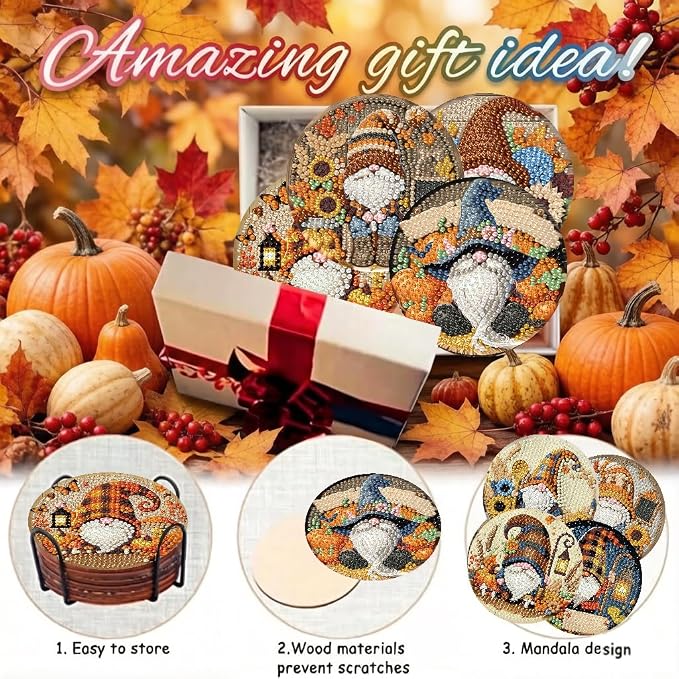 LWZAYS 8 Pcs 5D Autumn Gnome Diamond Art Coasters Kits - Image 6