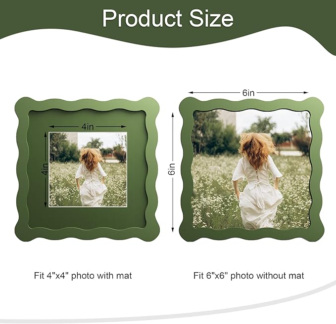 6x6 Picture Frame with Mat for 4x4, Wavy Edge Wooden Real Glass Photo Frame for - Image 3