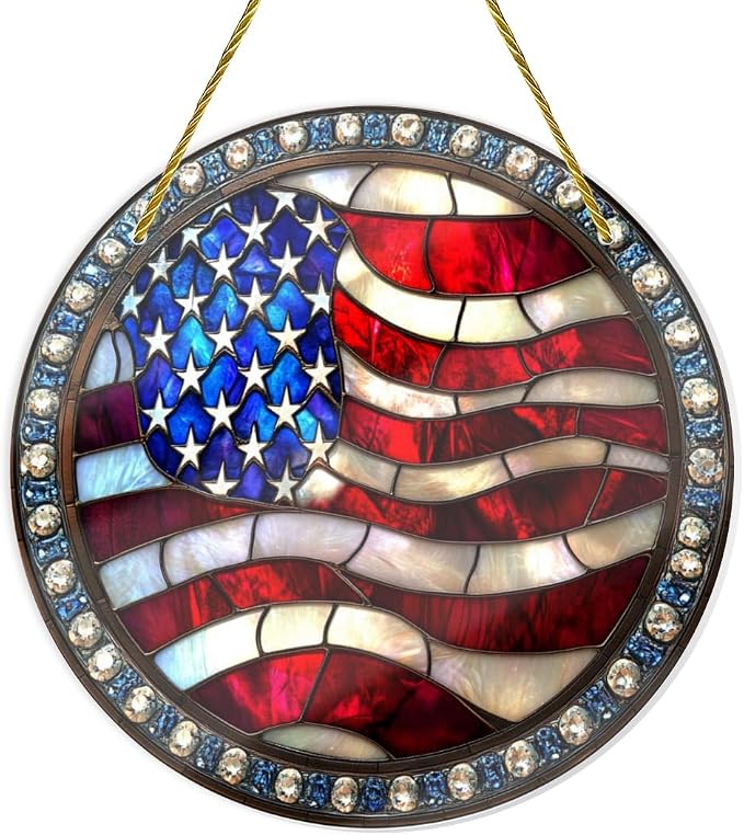 Stained Glass American Flag, Hand-Painted Star Motifs, Vintage Patriotic Wall by Vextrovia