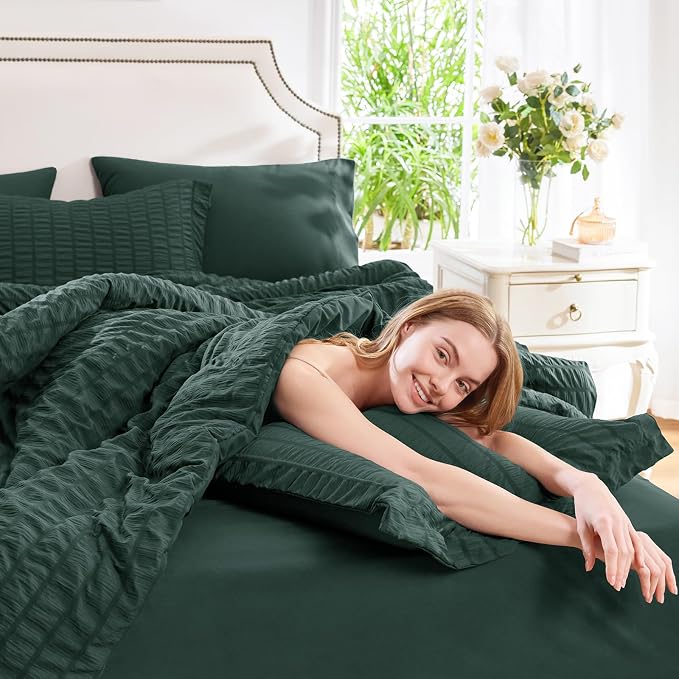 CozyLux Oversized Queen Comforter Set Forest Green Seersucker 7 Pieces 98x98 - Image 7