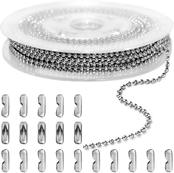 Jishi 33ft Ball Chain 2.4mm Silver Stainless Steel Bead Link Chain Roll by Jishi
