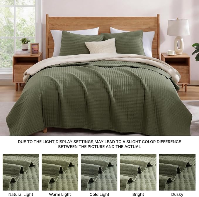 WRENSONGE Queen Quilt-3 Pieces Lightweight Bedspreads Olive Green Queen Size - Image 7