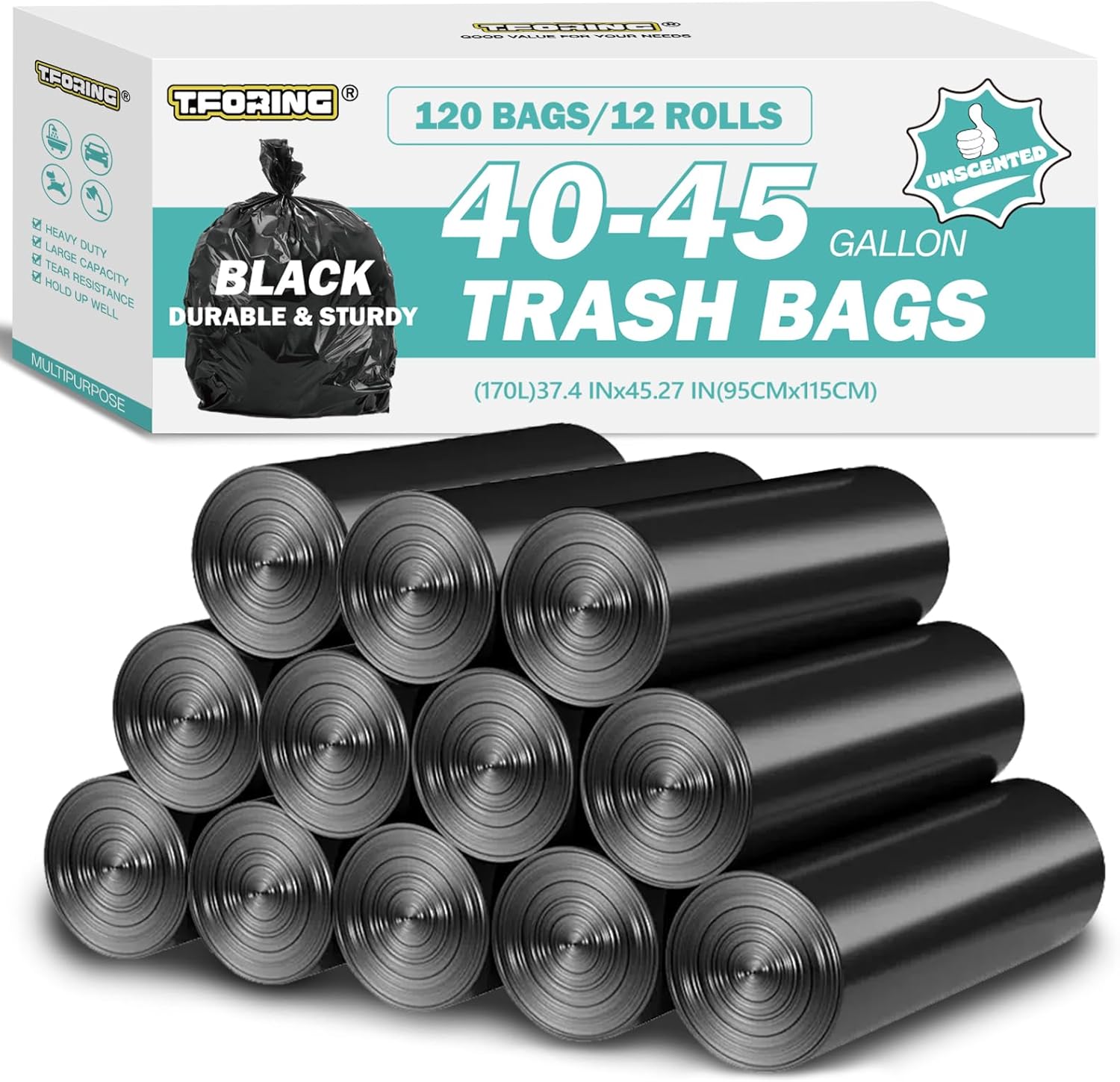 40-45 Gallon Black Trash Bags 120 Count - 37''x45'' Large Garbage Bags Unscented, 40+ Gallon Trash Can Liners, Multipurpose for Office, Outdoor, Recycling and Commercial