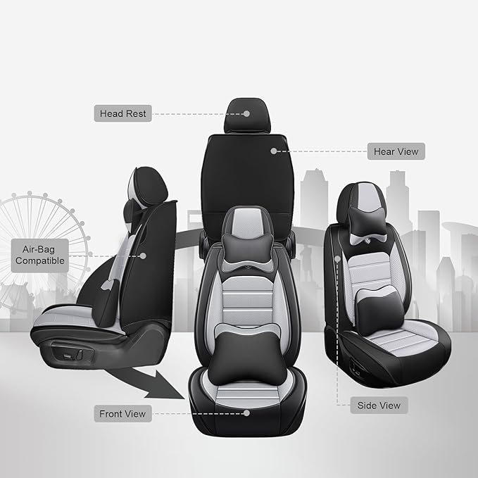 JOJ Fit for Toyota Highlander 2001-2022 Seat Covers,7 Seat Car Seat Cover,No-Slip Waterproof Breathable Faux Leather Automotive Seat Covers Auto Interior Covers,Full Set with Pillow,Black Gray