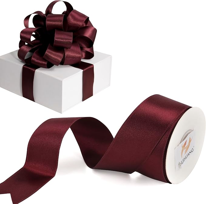 HUIHUANG Burgundy Satin Wired Ribbon 1-1/2 inch Wine Red Wire Edge Ribbon by HUIHUANG