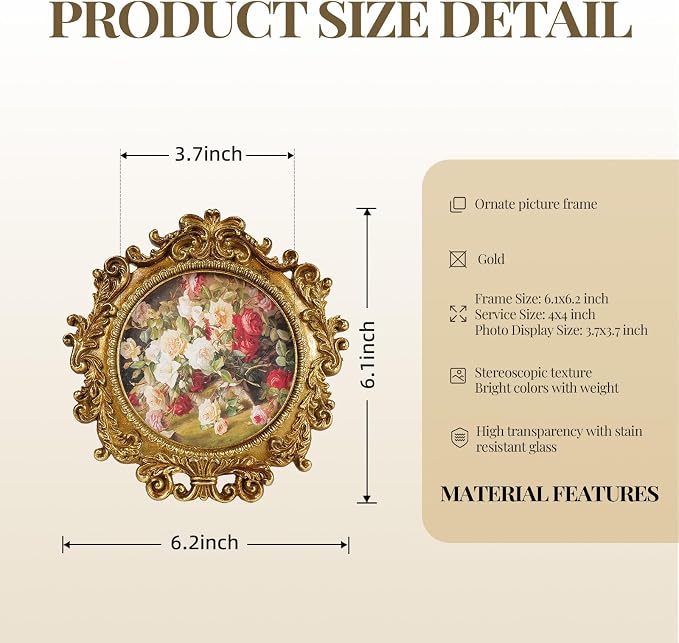 Cuspin Vintage Round Gold Picture Frame 4x4 Inch, Ornate Floral Resin Photo - Image 4