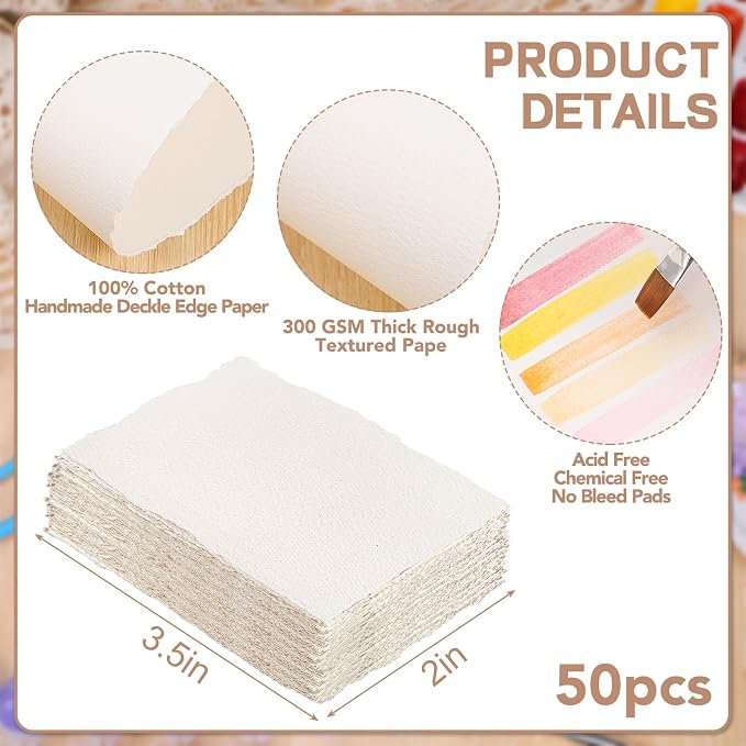 Prudiut 50 Sheets Cotton Watercolor Paper, 300 GSM, 2 x 3.5 inch Deckled Edge - Image 2