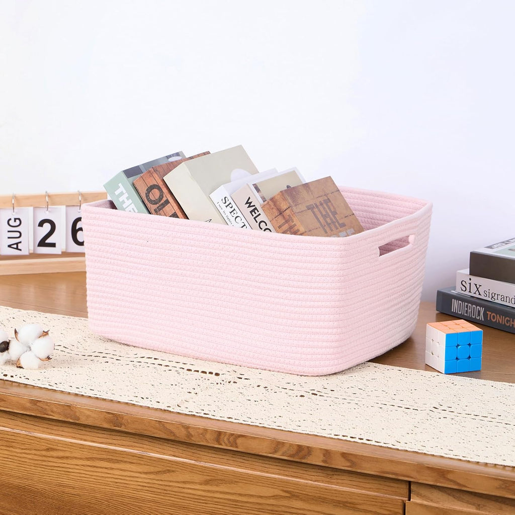 Large Storage Baskets for Organizing, Closet Shelf Baskets for Clothes Blanket Towels, Baby Nursery, Toy Bins Box, Woven Rope Baskets, 17 x 13 x 7.5”, 4 Packs Light Pink