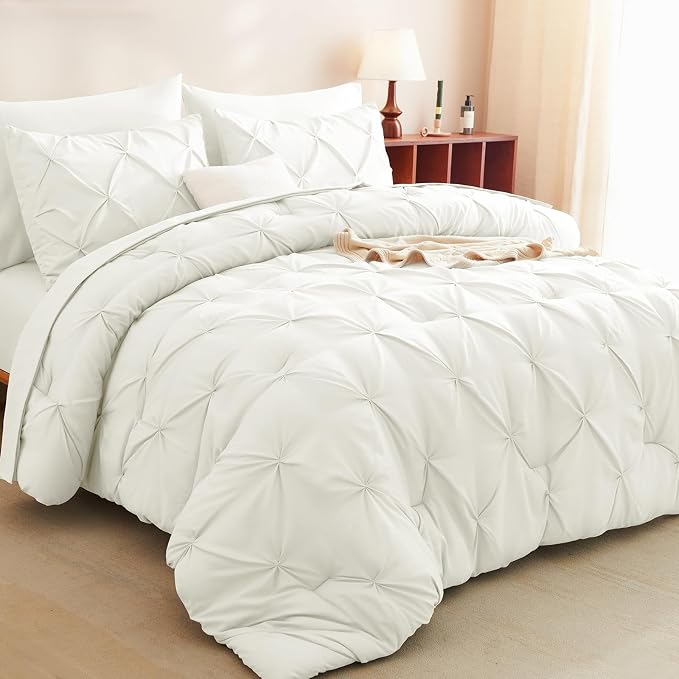 HIMEET Pintuck Bed in a Bag, 7 Pieces King Size Comforter Set Ivory, Luxury - Image 9