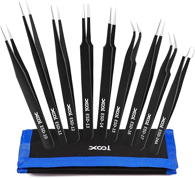 XOOL 9 PCS ESD Precision Tweezers Set, Anti-Static Stainless Steel Tweezers Kit by XOOL