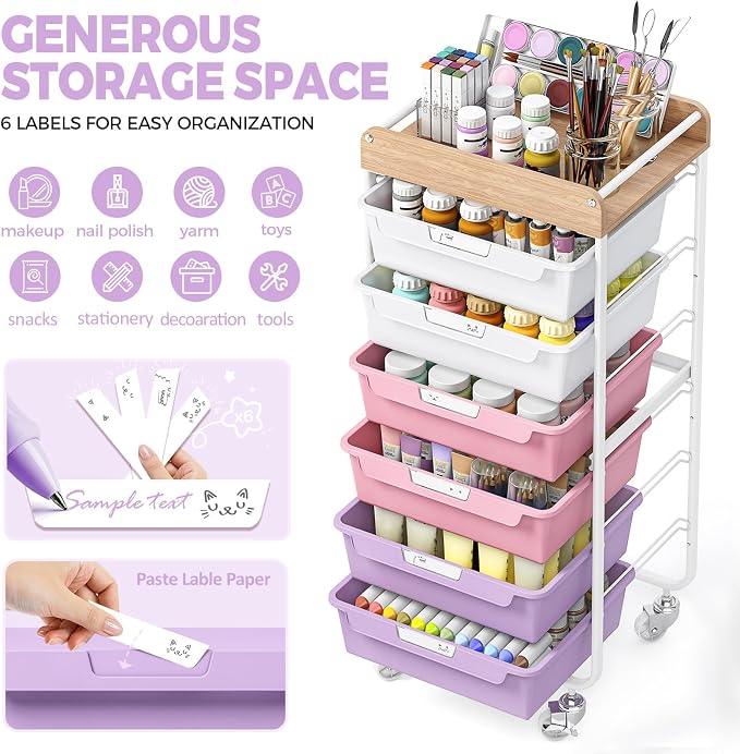 SYKIARIOL Utility Cart with 6 Labeling Drawers and Wooden Tabletop – Rolling - Image 4