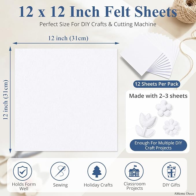 12" x 12" Felt Sheets for Crafts, 2mm Stiff Felt Fabric, Polyester Felt Squares - Image 3
