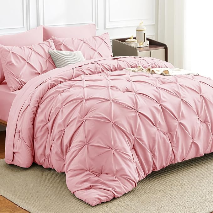 HIMEET Pintuck Bed in a Bag, 7 Pieces Full Size Comforter Set Pink, Luxury by Unknown