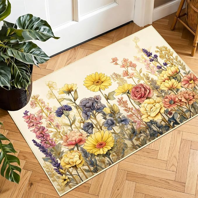 Vintage Floral Faux Cashmere Non-Slip Rug, 15.7 x 23.6 Inches, Cream Botanical by KKYEJLQYI