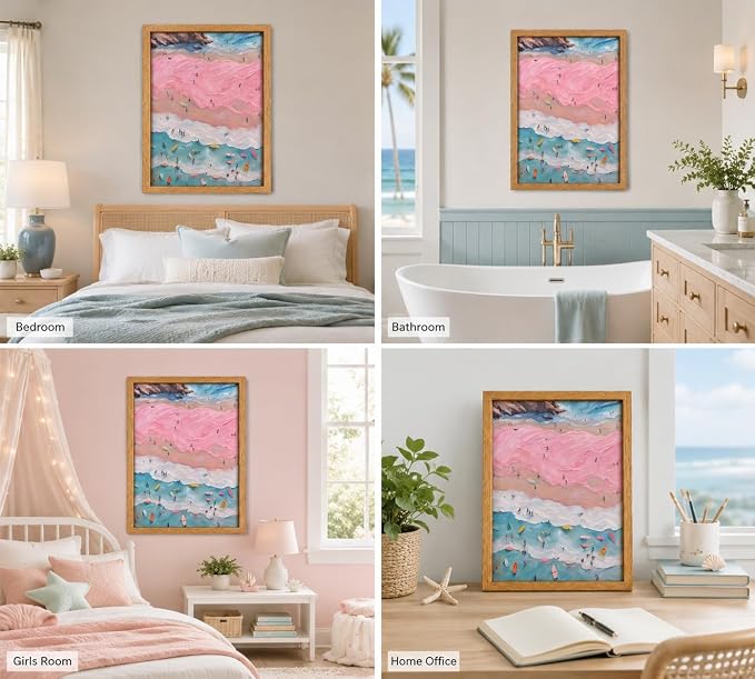 Framed Pink Girl Coastal Canvas Wall Art, Beach Surfers on Pastel Sand Painting - Image 6