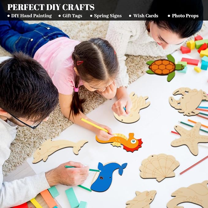 Subacy 80 PCS Unfinished Wood Cutouts 10 Styles DIY Wooden Ocean Ornaments - Image 6