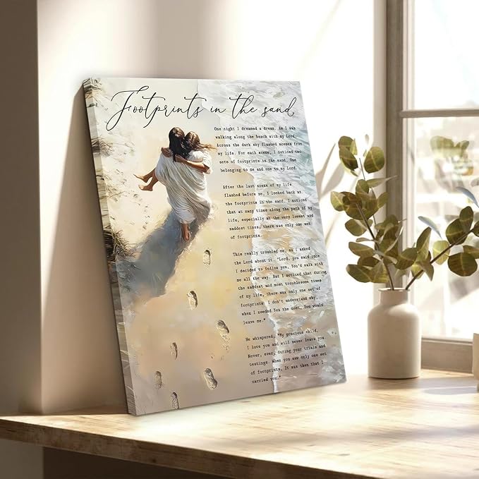 CYPQPCUH Jesus Footprints in the Sand Wall Art Canvas Print Jesus Holding Woman - Image 9