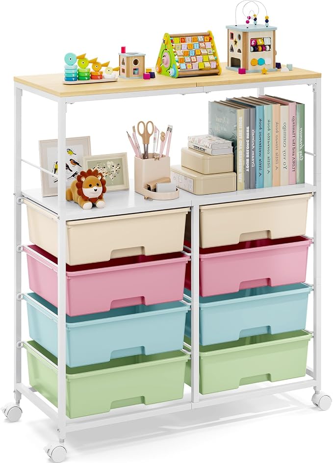 Rolling Cart with 8 Drawers, Storage Drawer Cart with Wooden Tabletop, Lockable by APEXCHASER