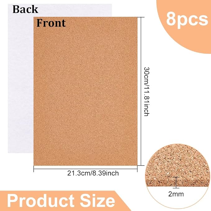 BENECREAT 8 Pack 8.3" x 11.8" Self-Adhesive A4 Size Cork Sheets Rectangle - Image 2