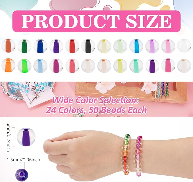 XSEINO 24 Colors 1200PCS Core Filled Glass Beads Kit 6mm DIY Craft Glass Beads - Image 2