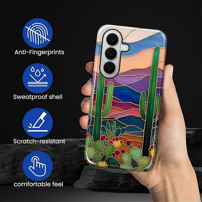 for Samsung Galaxy S26+ Case, Stained Glass Cactus Pattern Glossy 2 in 1 - Image 4