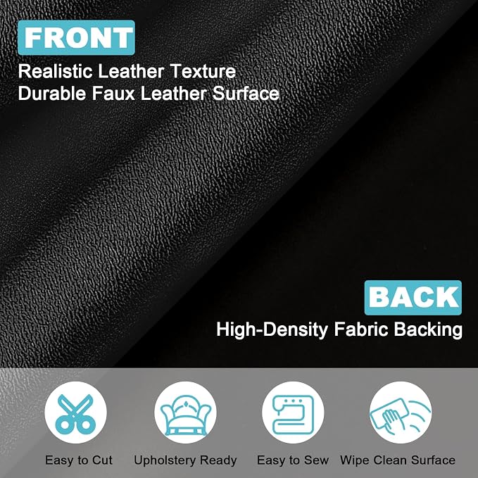 Black Faux Leather Fabric 118"×55" Smooth Grain Upholstery Vinyl - Image 2