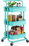 Pipishell 3 Tier Mesh Utility Cart, Rolling Metal Organization Cart with Handle and Lockable Wheels, Multifunctional Storage Shelves for Kitchen Living Room Office Turquoise