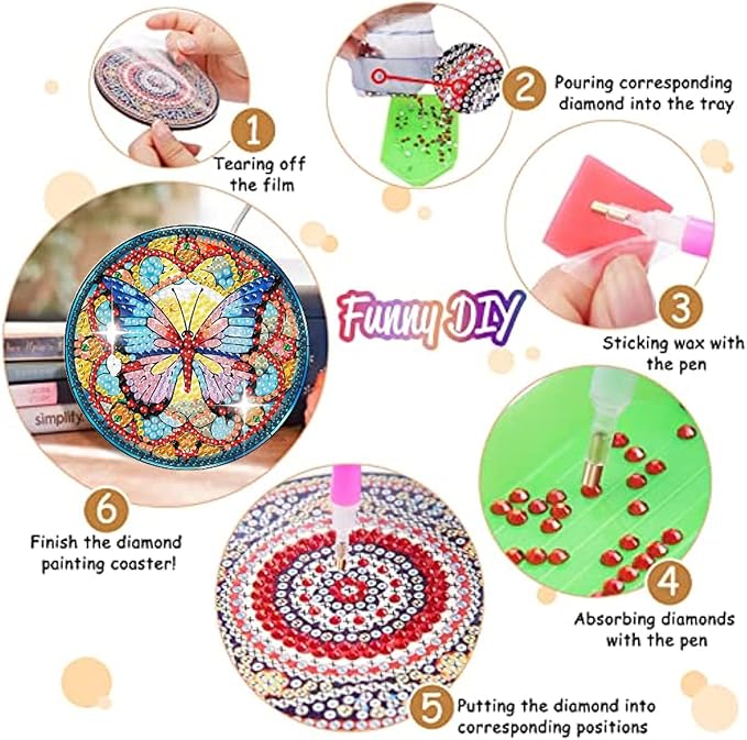 8 Pack Diamond Art Coasters, Butterfly Diamond Painting Coasters Kits | - Image 3