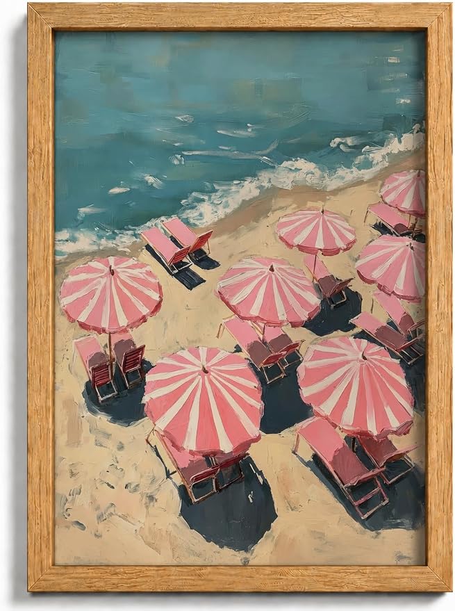 Framed Pink Beach Umbrella Canvas Wall Art, Girl Coastal Natural Painting by HJYQLN