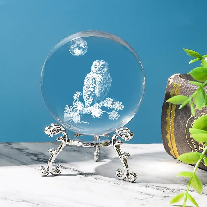 3D Owl Crystal Ball with Stand Lase Engraved Glass Sphere Paperweight Owl Decor - Image 6