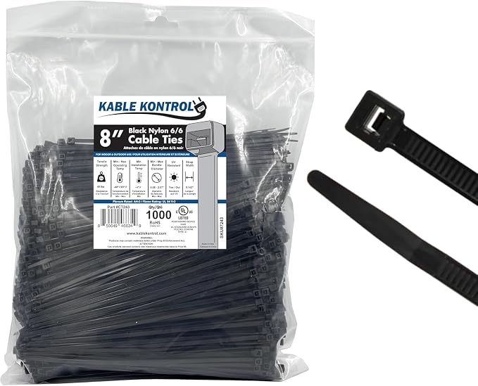 Kable Kontrol Cable Zip Ties 1000 Pcs 8 Inch Black, 40 Lbs Tensile Strength by KABLEKONTROL%C2%AE