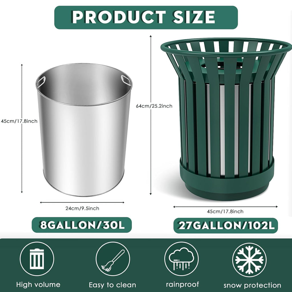 8Gallon Round Large Outdoor Trash Can, Heavy Duty Metal Slatted Garbage Can Outdoor, All Weather Resistant Commercial Garbage Cans, Waste Receptacle in Park, School, Beach, Patio (Green, Medium)