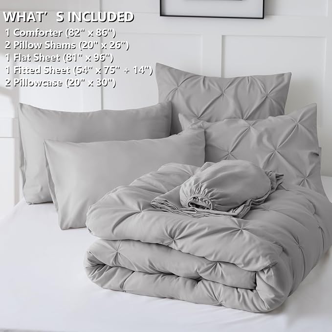 HIMEET Pintuck Bed in a Bag, 7 Pieces Full Size Comforter Set Light Grey - Image 8
