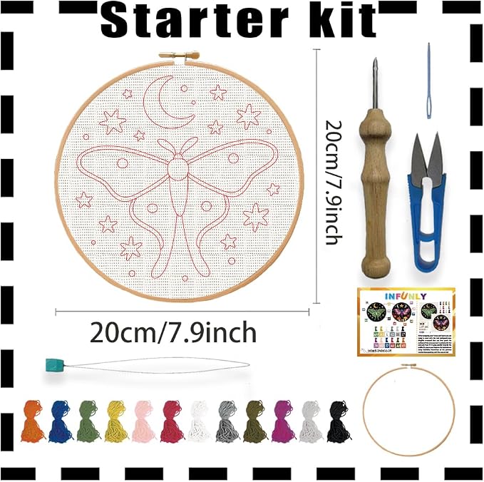 INFUNLY 2 Pcs Moth Punch Needle Embroidery Kit 8.7 Inch Round Punch Needle - Image 2