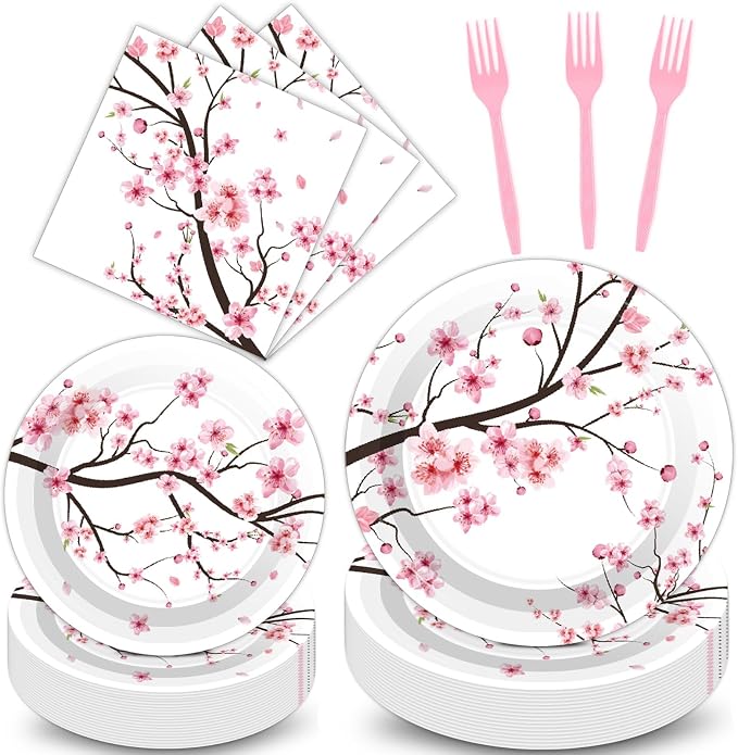 Qyeahkj 100 PCS Cherry Blossom Party Supplies Set Cherry Blossom Plates and by Qyeahkj