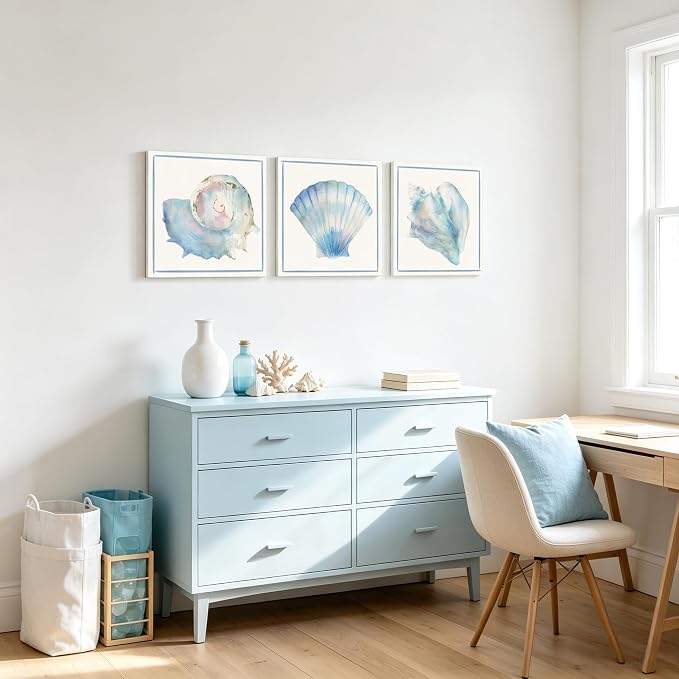 Seashell Wall Decor Ocean Beach Nautical Canvas Wall Art Blue Seashell Painting - Image 3