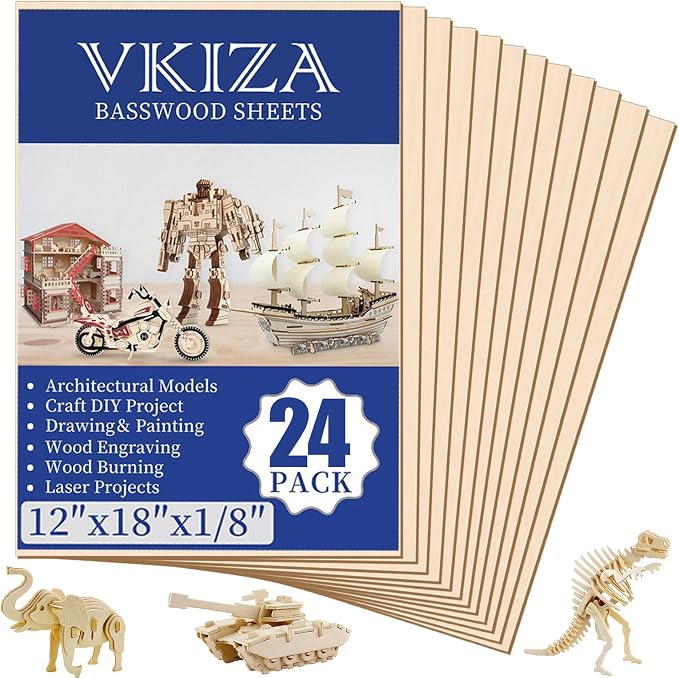 24 Pack Basswood Sheets for Crafts 12x18x1/8 Inch, 3mm Thick Unfinished Plywood by VKIZA