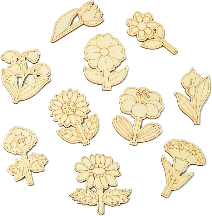 100 pcs Mixed Styles Cute Flower Theme Unfinished Wooden Cutout Charms - Image 8