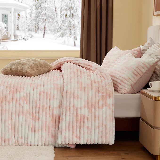 BEDELITE Fleece Twin Comforter Set -Super Soft & Warm Fluffy Pink&White Bedding - Image 4