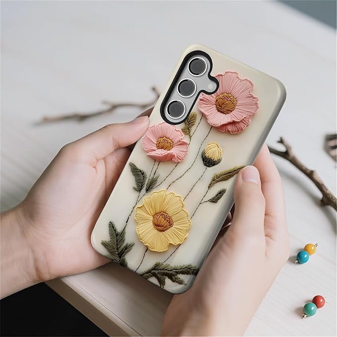 Case for Samsung Galaxy S25 FE, Faux Embroidery Boho Floral Design Hybrid Dual - Image 5