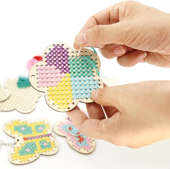 VKPI Wooden Cross Stitch Kits for Kids, Make Your Own 6 Cross Stitching Keyrings - Image 4