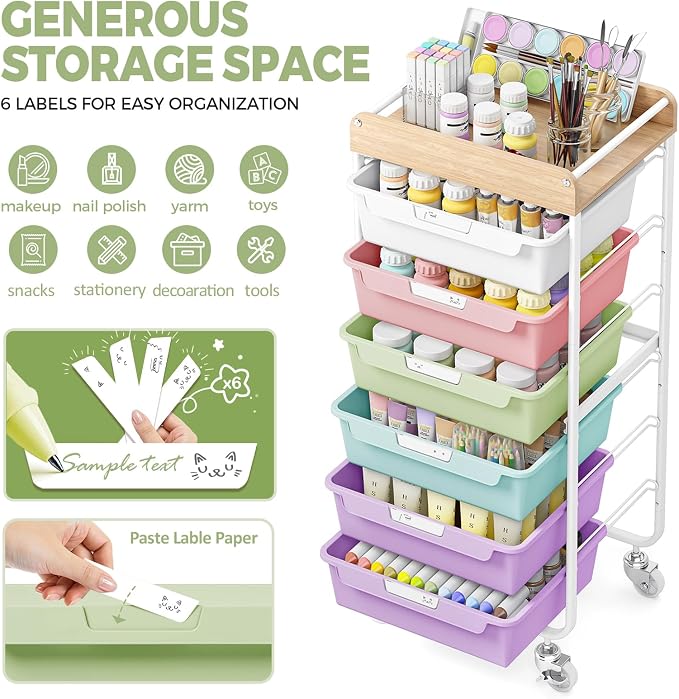 SYKIARIOL Rolling Cart with 6 Drawers, Utility Storage Cart with Labeling Ice - Image 5