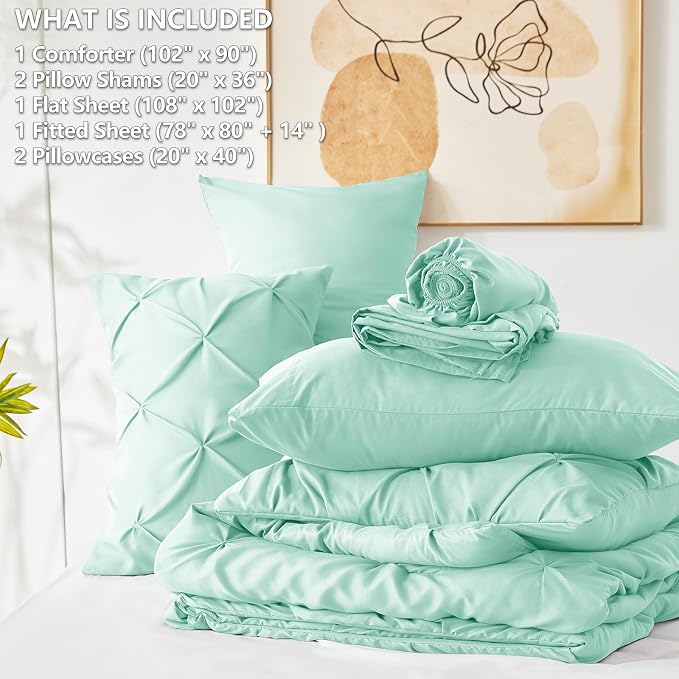 CozyLux King Size Comforter Set Mint Green, 7 Pieces Pintuck Bed in A Bag Green - Image 7