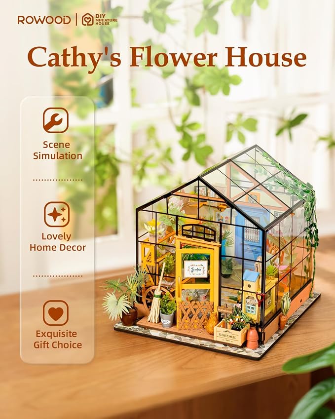 Rowood Miniature House Kit, Mother's Day DIY Miniature Greenhouse Dollhouse Kits - Image 2