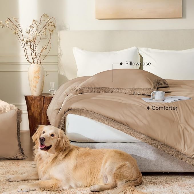 Andency Taupe Comforter Set Queen, 3 Pieces Boho Tassel Lightweight Bedding - Image 5