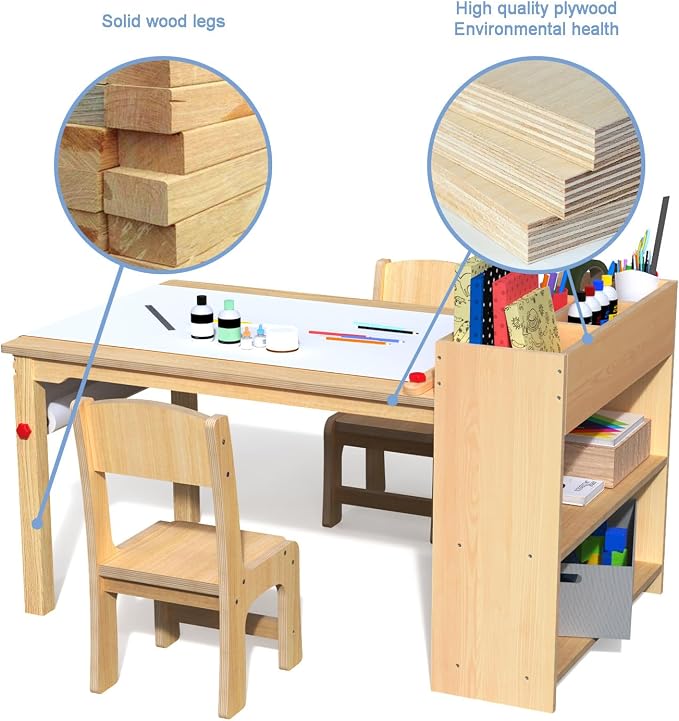 GDLF Kids Art Table and 2 Chairs, Wooden Craft Desk, Activity & Drawing - Image 7