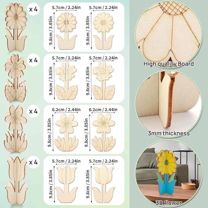 3D Wooden Flower Crafts to Paint, 4 Styles Flowers Ornaments - Image 2