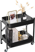 2-Tier Metal Folding Rolling Cart, Mobile Utility Cart Trolley Storage Organizer for Office Home Kitchen Organization, Sofa Side End Table with Wheels, Black